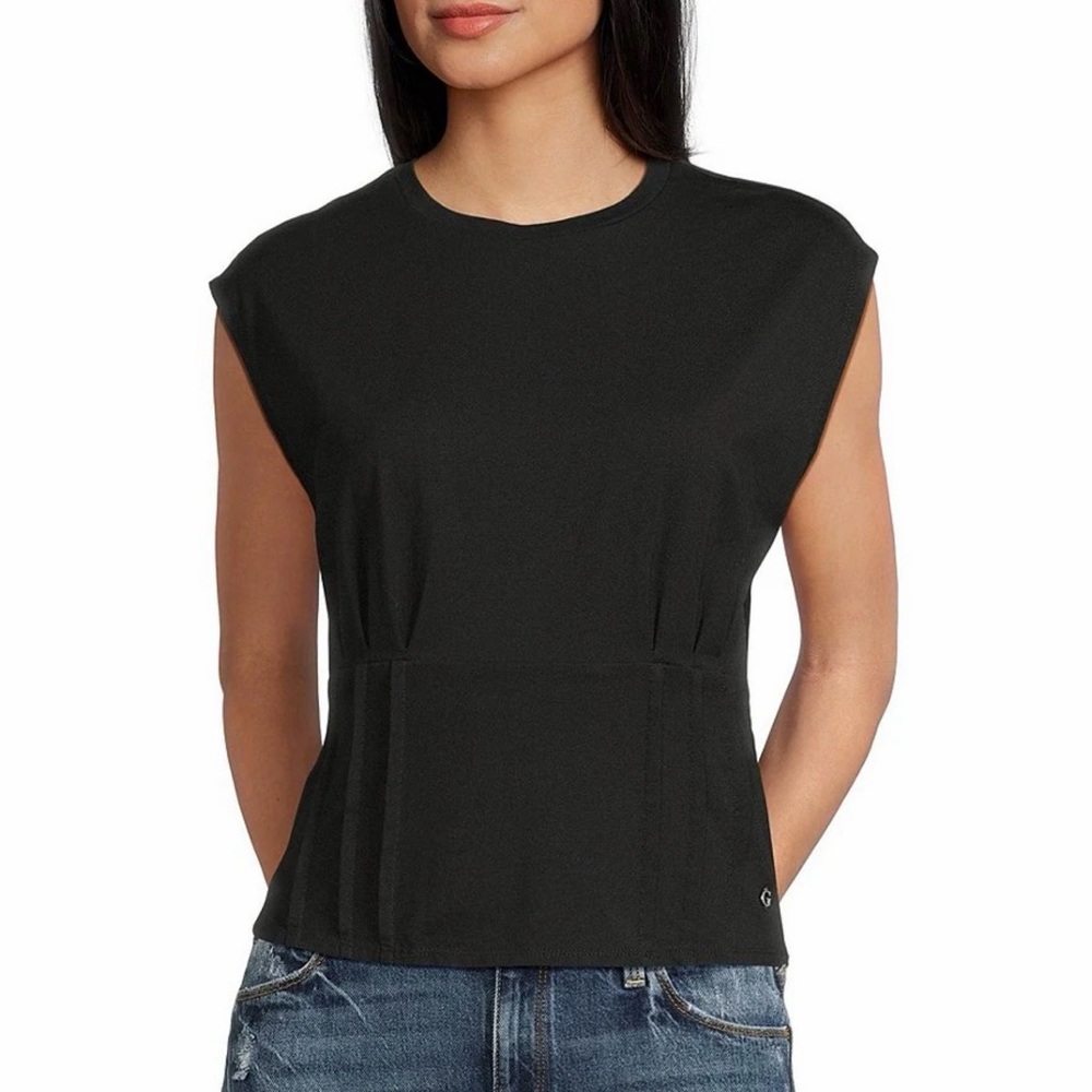 New Guess Corset Style Cap Sleeve Crewneck Black Top XS